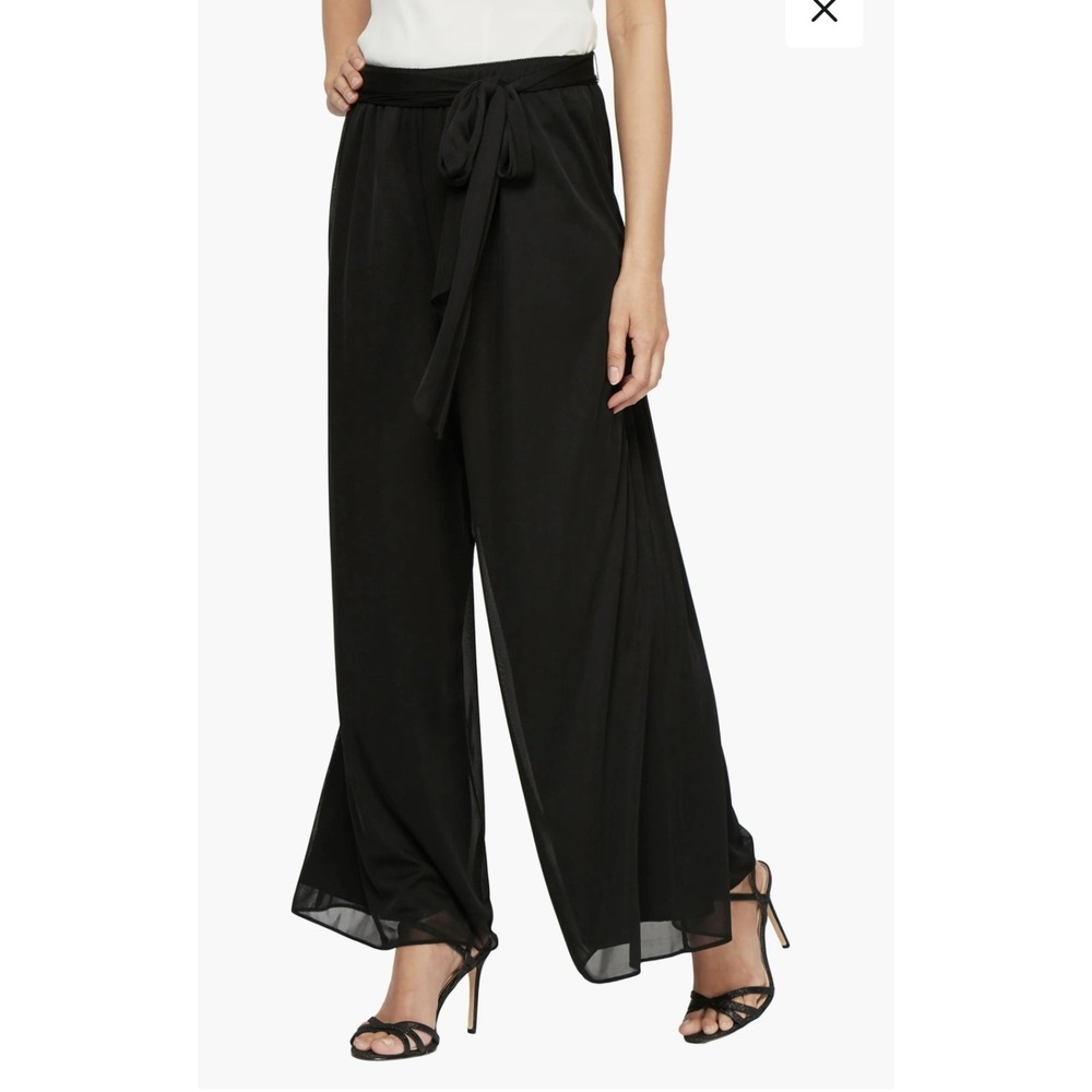 Alex Evenings Black Chiffon Palazzo Pants Tie Waist Wide Leg Sheer Overlay SP